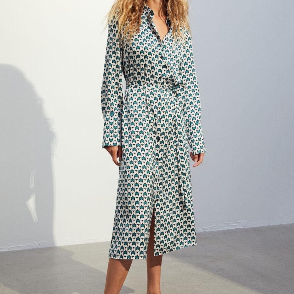Retro print green belt tie dress
